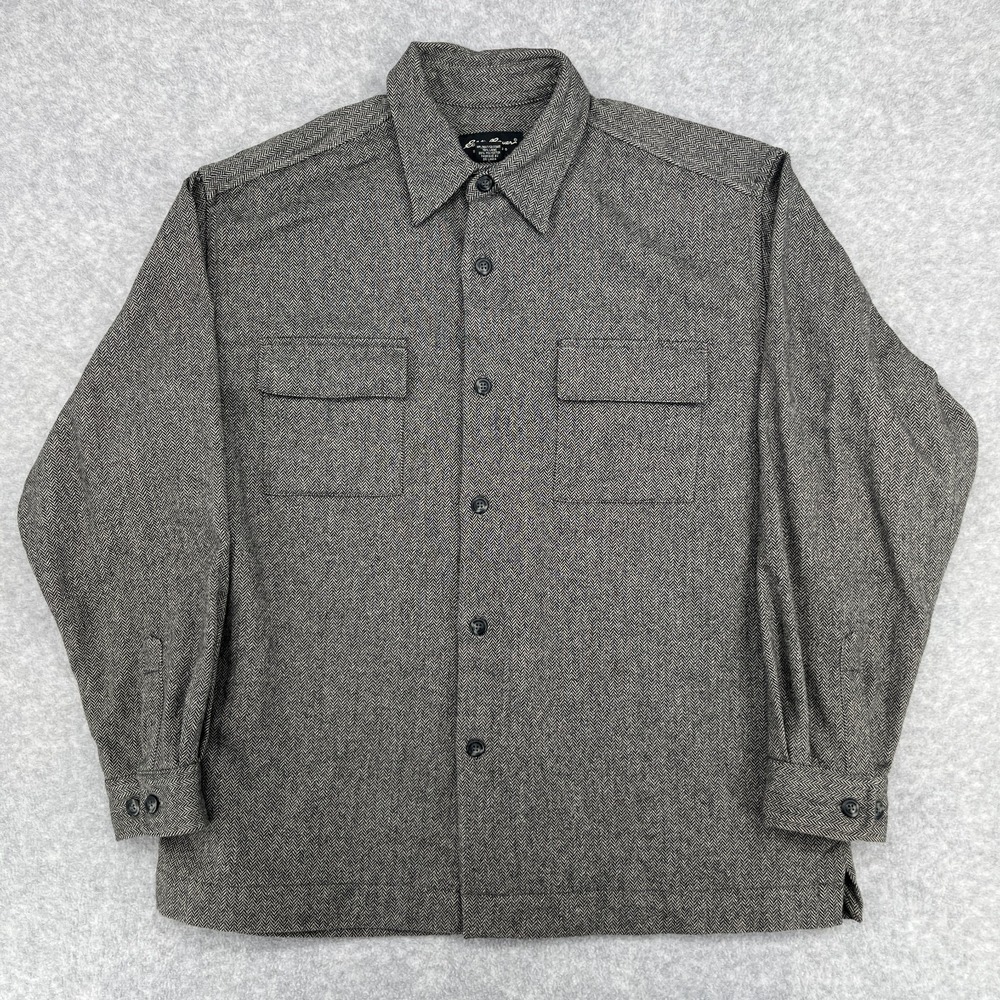 Vintage Eddie Bauer Wool Herringbone Shacket Shirt Men's Large Gray Mackinaw